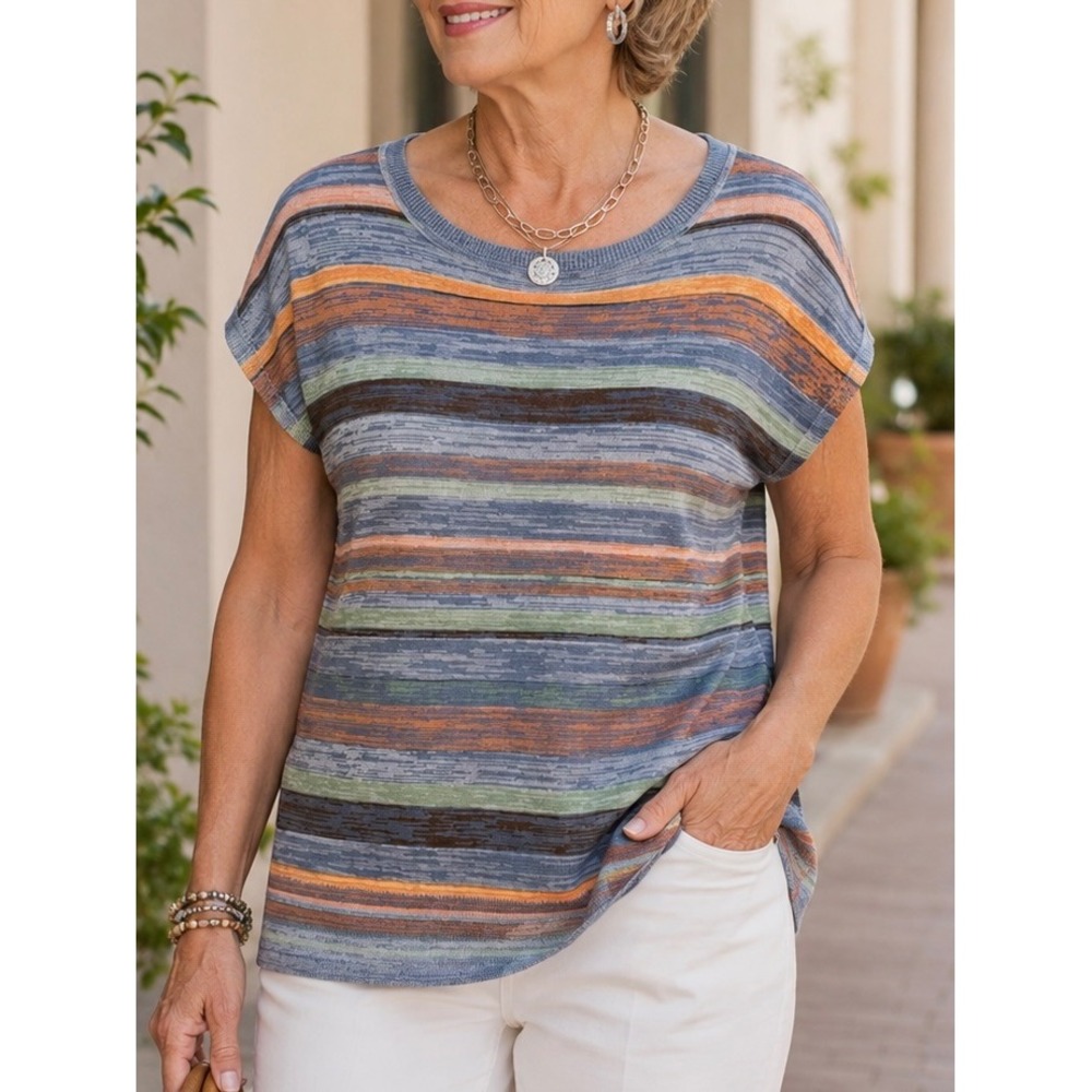 Chico's Women Sweater Blue Large Striped Short Sleeve Boho Casual Summer